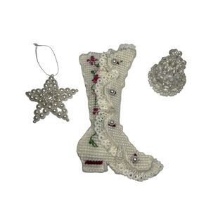 Vintage Christmas Needlepoint Victorian Boot White Beaded Ornaments Bell Star